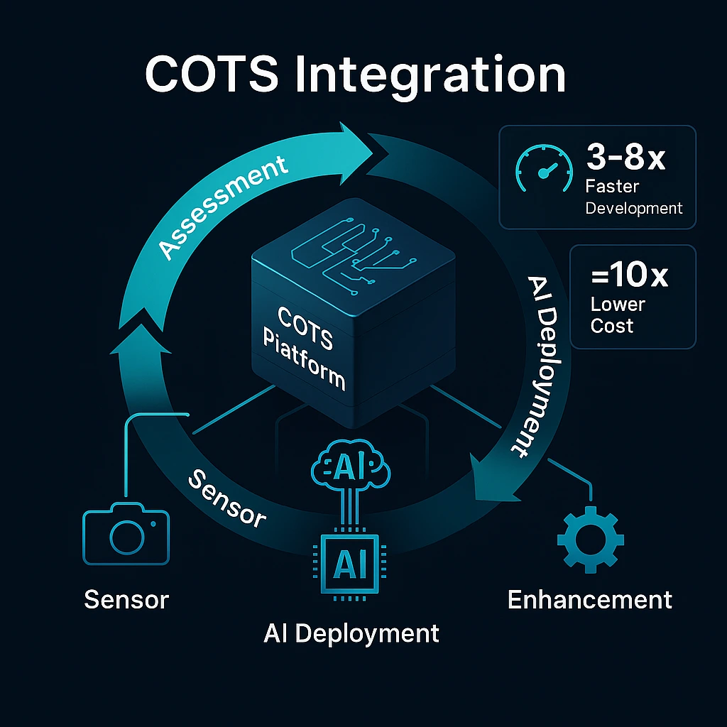 Abstract schematic of COTS hardware connected by glowing teal lines representing AI integration