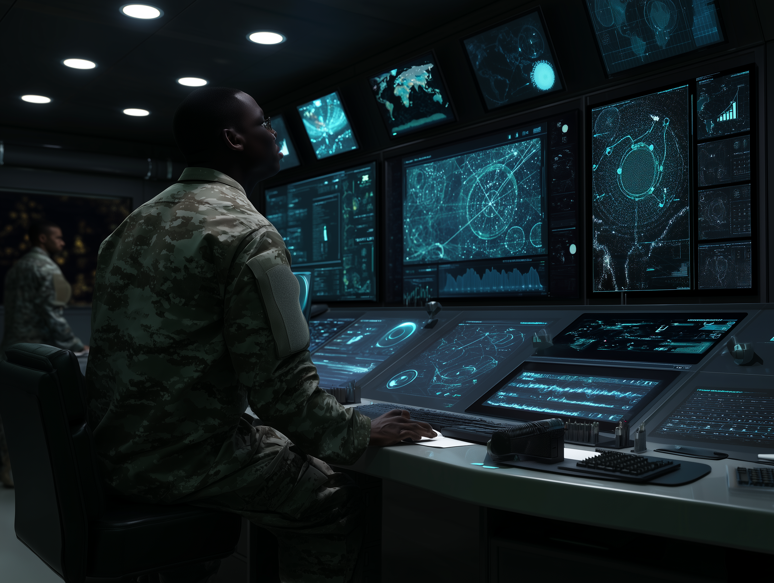 Modern military command center with holographic displays showing AI analysis