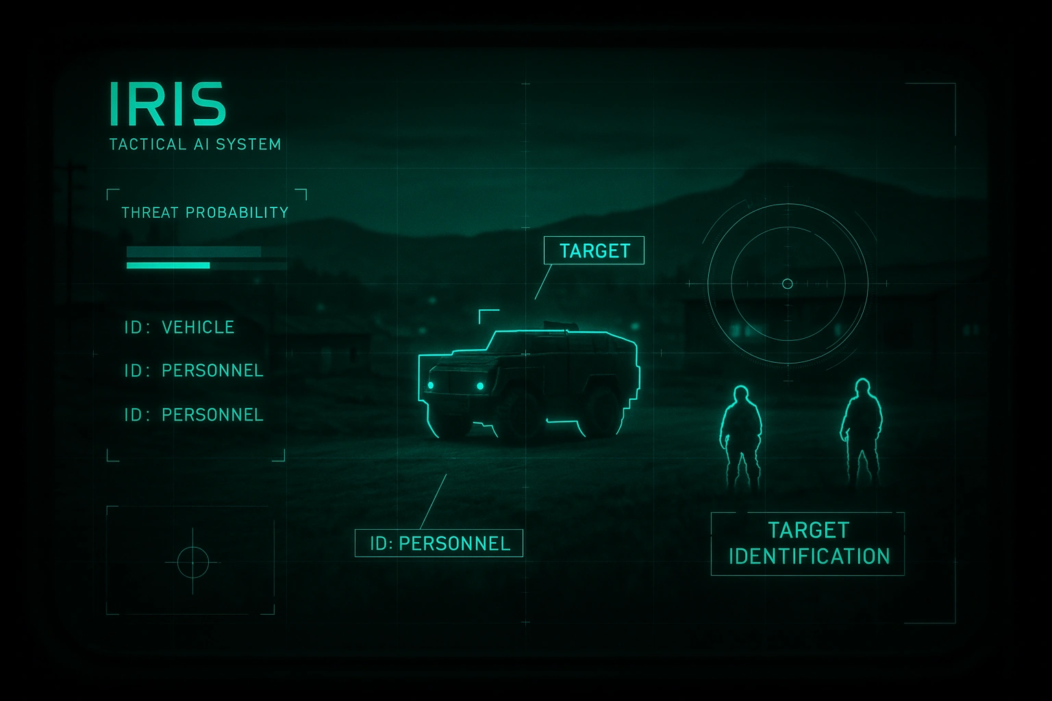 IRIS AI interface overlay on a low-light tactical view