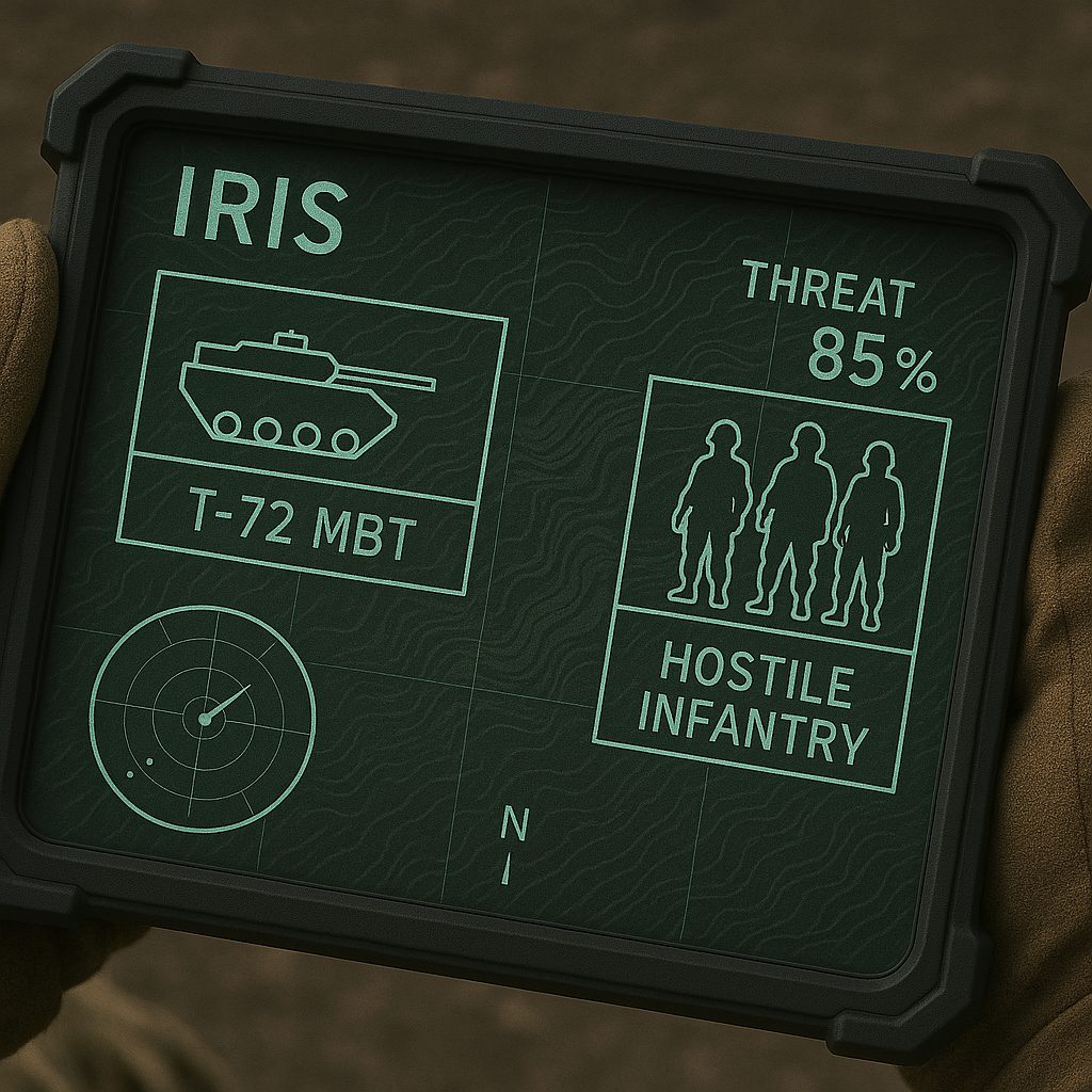 IRIS AI interface overlay on a low-light tactical view