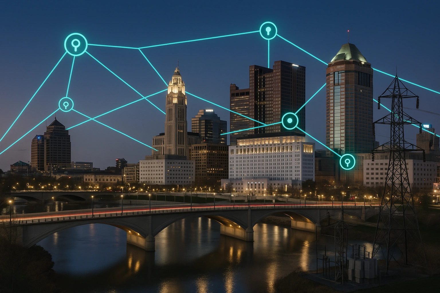 Stylized cityscape showing smart monitoring network over infrastructure