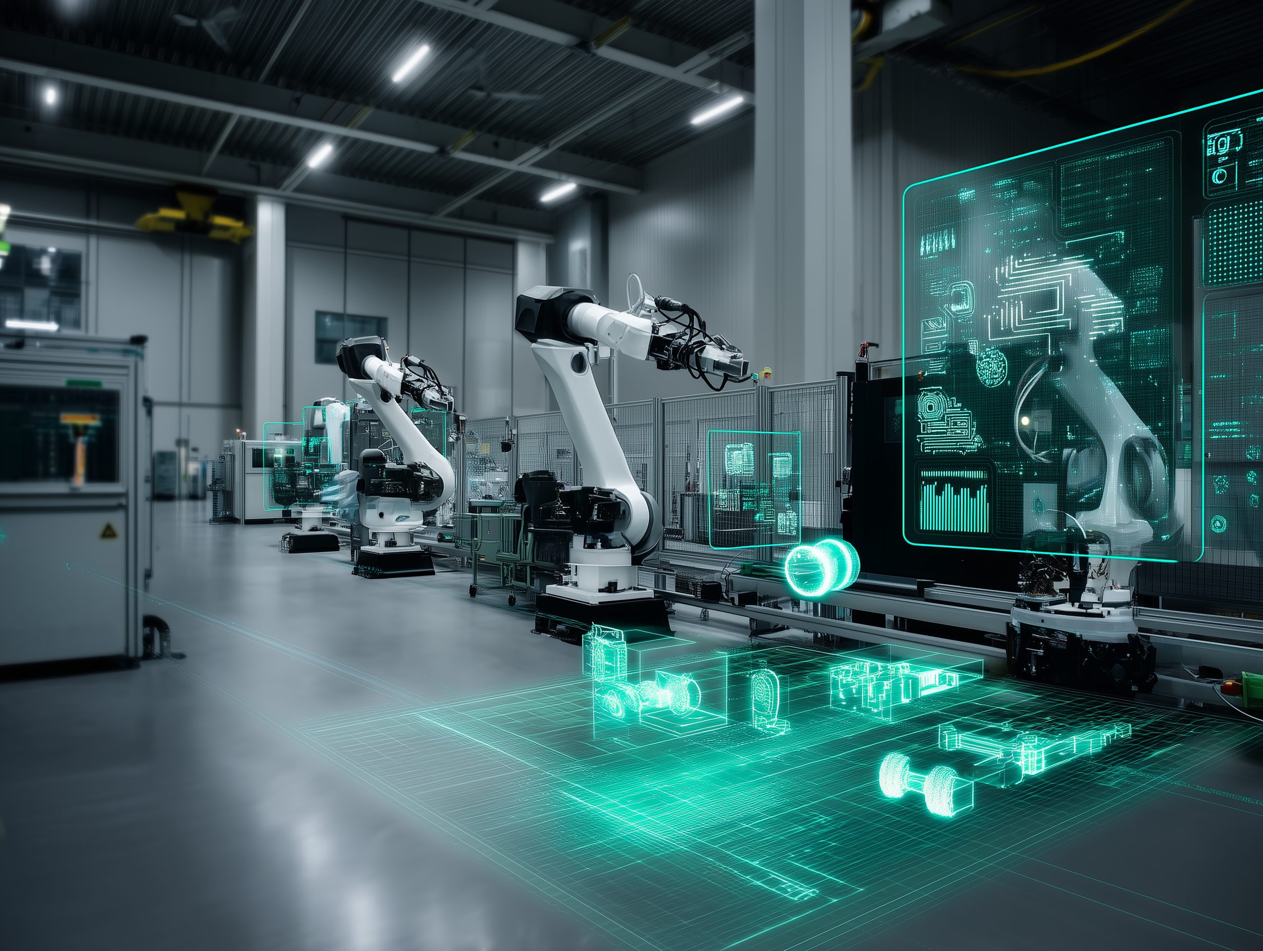 Modern factory floor with robotic arms and AI vision system overlay