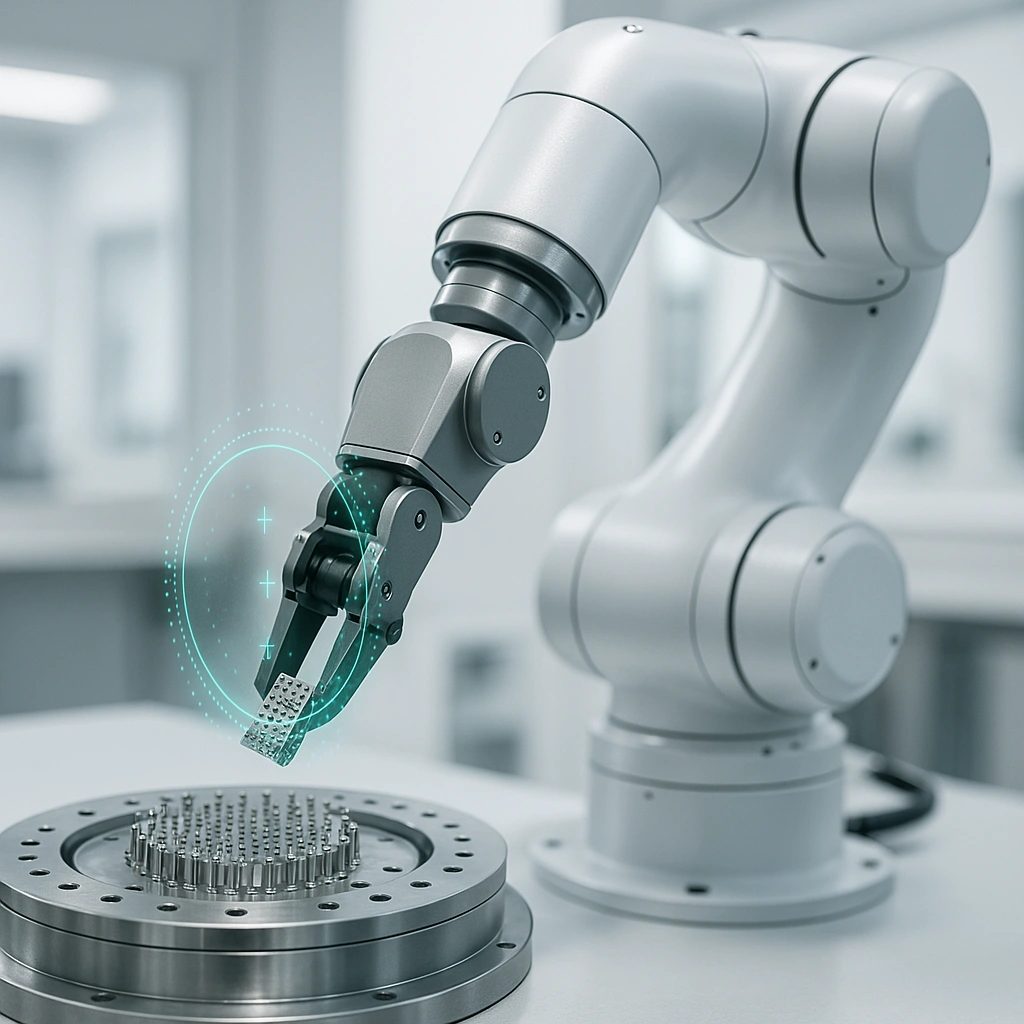 Modern robotic arm interacting precisely with a component