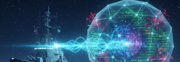 Quantum-resilient cryptography visualization showing encrypted naval communications protected from quantum computing threats